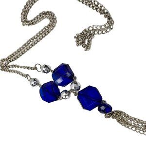 Vintage Silver Tone Tassel Necklace 32" Blue Beads